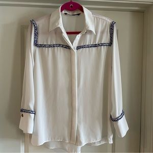 Zara Blouse Sheer White w/ Blue Fabric Accents & Gold Colored Hardware (Size S)
